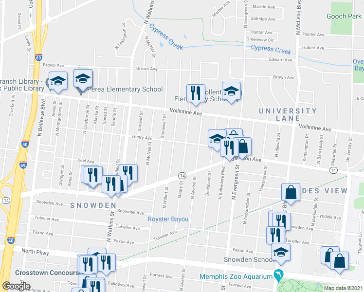 map of restaurants, bars, coffee shops, grocery stores, and more near 849 Maury Street in Memphis