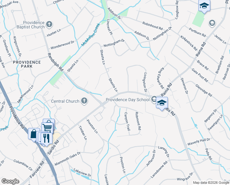 map of restaurants, bars, coffee shops, grocery stores, and more near 616 Shasta Lane in Charlotte