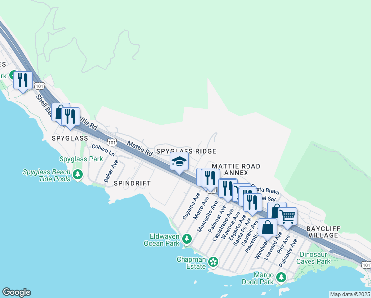 map of restaurants, bars, coffee shops, grocery stores, and more near 1933 Costa Brava in Pismo Beach