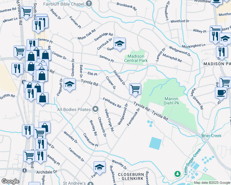 map of restaurants, bars, coffee shops, grocery stores, and more near 2006 Tyvola Road in Charlotte
