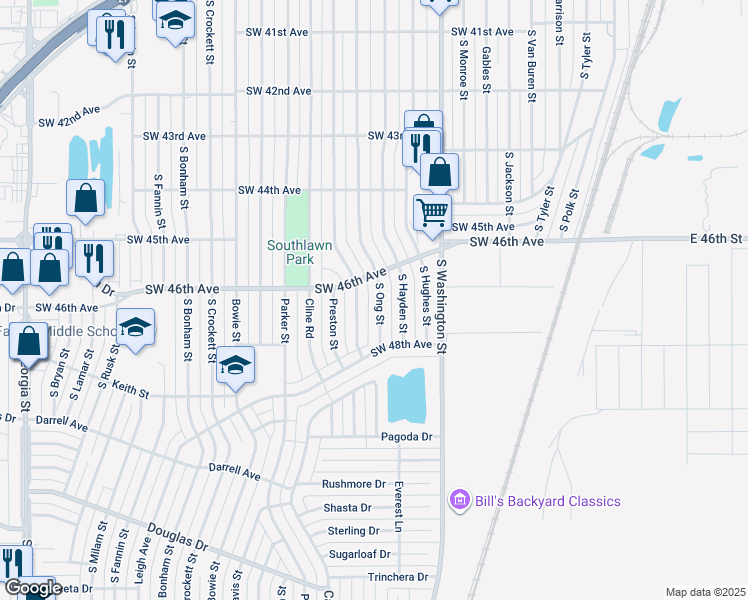 map of restaurants, bars, coffee shops, grocery stores, and more near 4614 South Ong Street in Amarillo