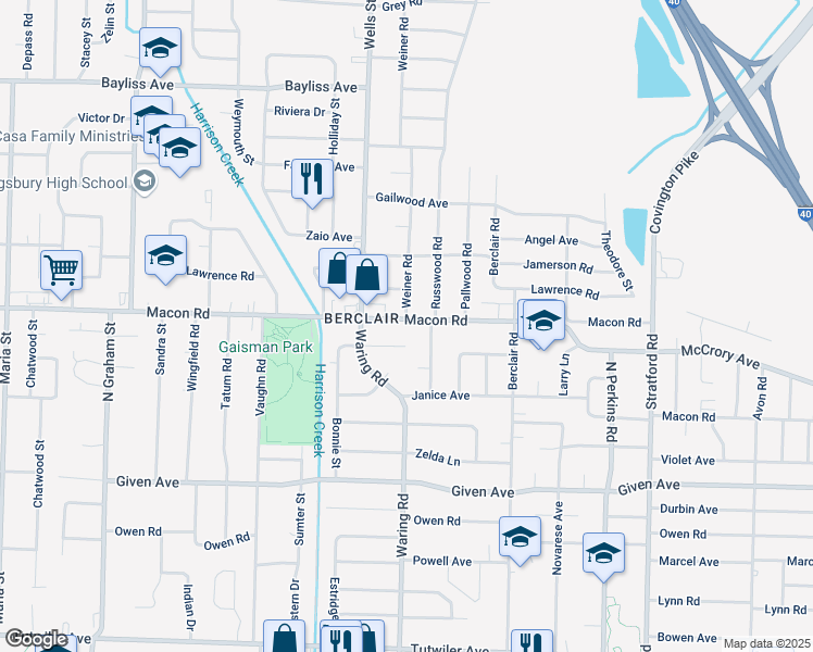 map of restaurants, bars, coffee shops, grocery stores, and more near 4355 Macon Road in Memphis