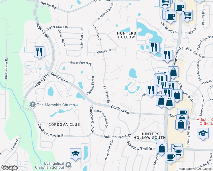 map of restaurants, bars, coffee shops, grocery stores, and more near 1311 Fox Trace Drive in Memphis