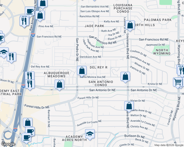 map of restaurants, bars, coffee shops, grocery stores, and more near 6401 Santa Monica Avenue Northeast in Albuquerque