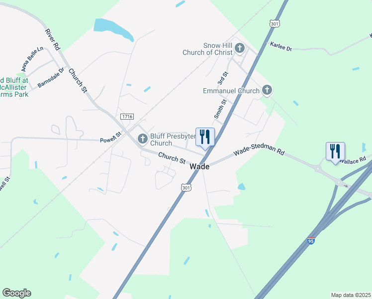 map of restaurants, bars, coffee shops, grocery stores, and more near 7217 New Street in Wade