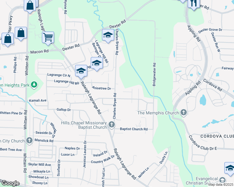 map of restaurants, bars, coffee shops, grocery stores, and more near 1330 Charles Bryan Road in Shelby County
