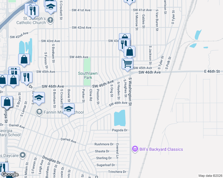 map of restaurants, bars, coffee shops, grocery stores, and more near 4614 South Ong Street in Amarillo