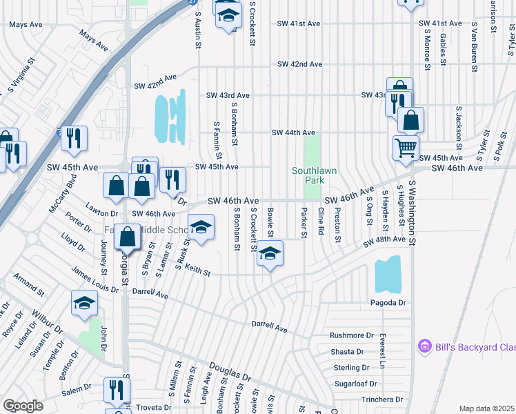 map of restaurants, bars, coffee shops, grocery stores, and more near 4606 Bowie Street in Amarillo