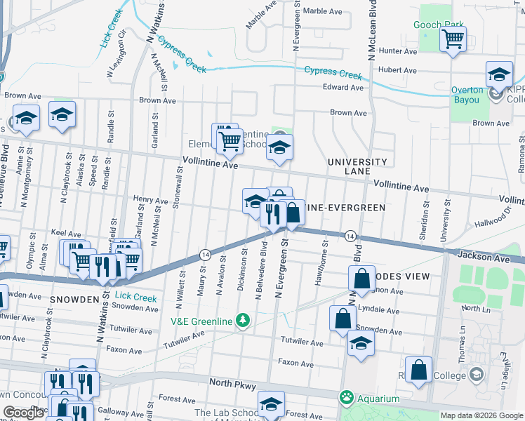 map of restaurants, bars, coffee shops, grocery stores, and more near 840 Dickinson Street in Memphis