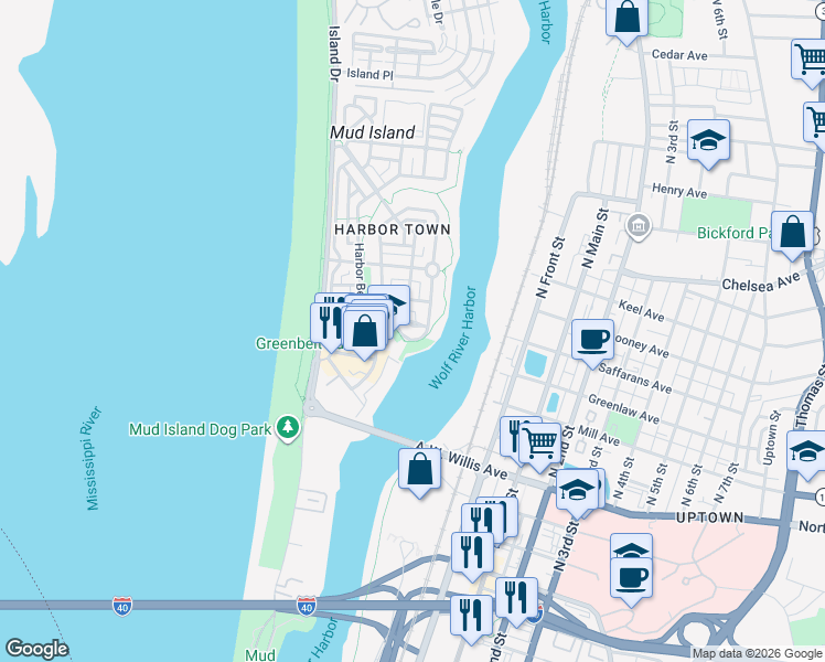 map of restaurants, bars, coffee shops, grocery stores, and more near 132 Harbor Isle Circle South in Memphis