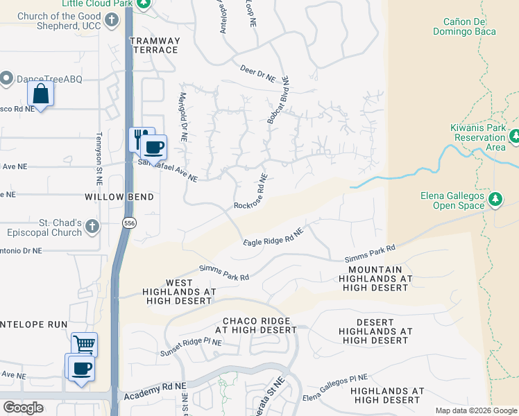 map of restaurants, bars, coffee shops, grocery stores, and more near 1237 Rockrose Road Northeast in Albuquerque