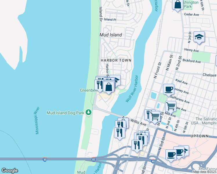 map of restaurants, bars, coffee shops, grocery stores, and more near 83 Harbor Common Drive in Memphis