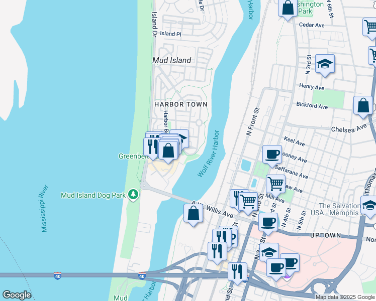 map of restaurants, bars, coffee shops, grocery stores, and more near 132 Harbor Isle Circle South in Memphis