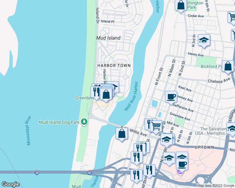 map of restaurants, bars, coffee shops, grocery stores, and more near 132 Harbor Isle Circle South in Memphis
