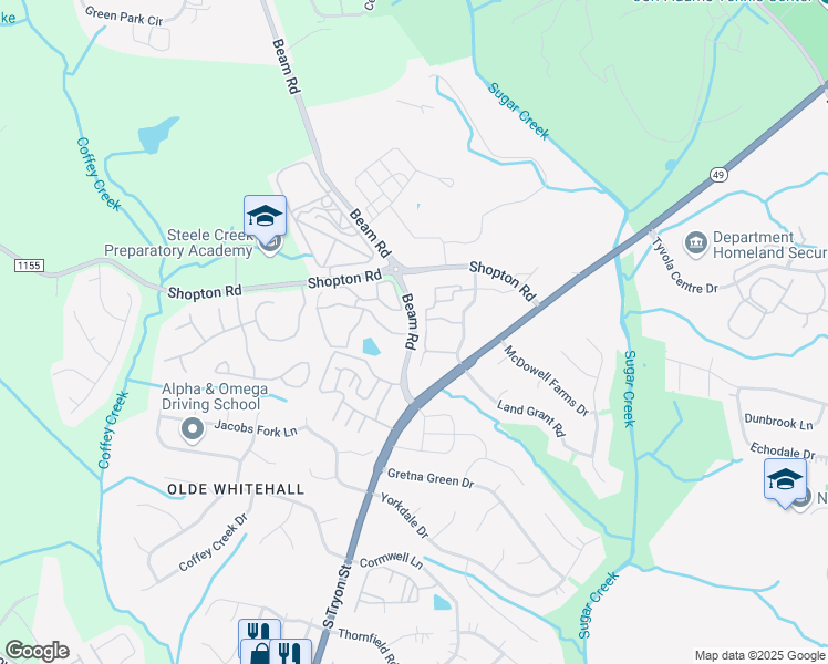 map of restaurants, bars, coffee shops, grocery stores, and more near Beam Rd & Carrington Oaks Dr in Charlotte