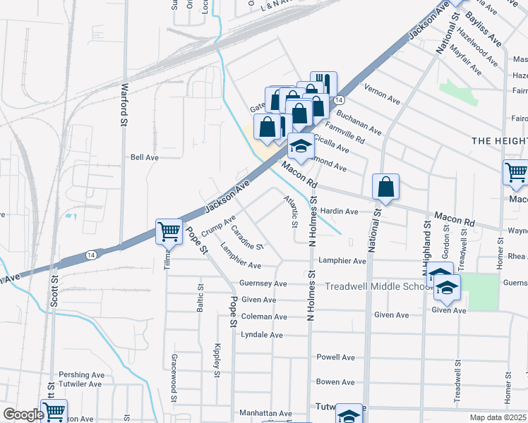 map of restaurants, bars, coffee shops, grocery stores, and more near 3201 Hardin Avenue in Memphis