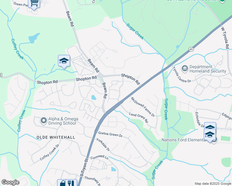 map of restaurants, bars, coffee shops, grocery stores, and more near 2329 Courtney Oaks Road in Charlotte