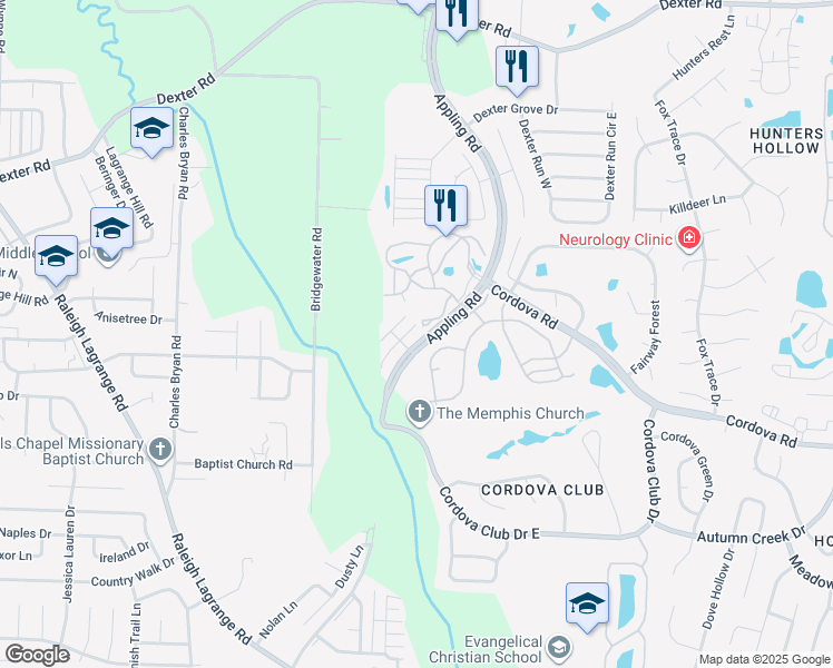 map of restaurants, bars, coffee shops, grocery stores, and more near 1355 Appling Road in Shelby County