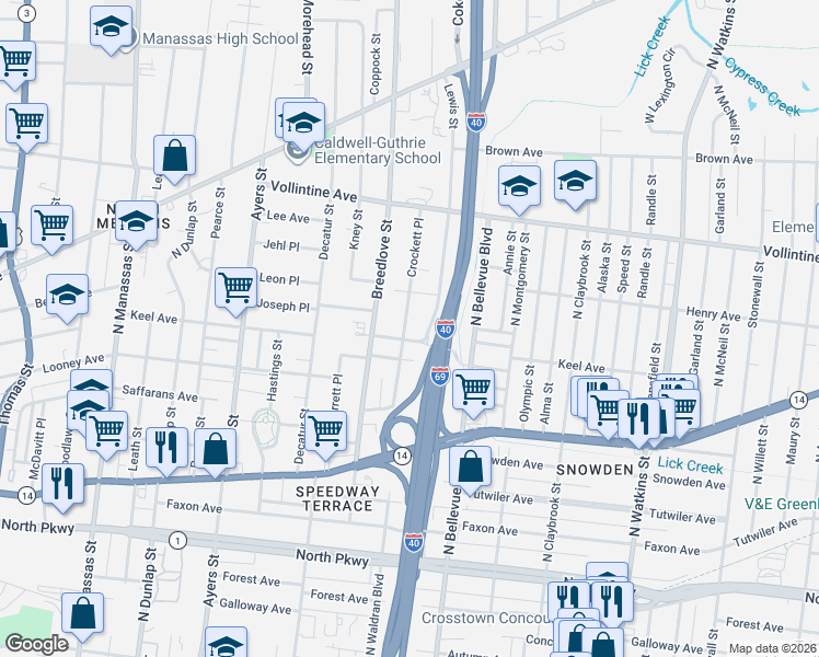 map of restaurants, bars, coffee shops, grocery stores, and more near 798 Crockett Place in Memphis