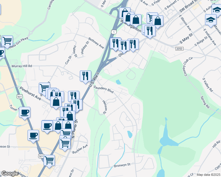 map of restaurants, bars, coffee shops, grocery stores, and more near 265 Saunders Boulevard in Southern Pines