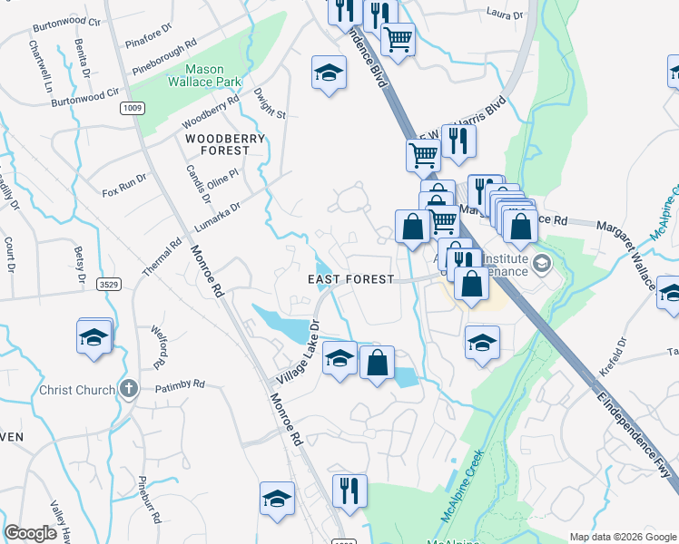 map of restaurants, bars, coffee shops, grocery stores, and more near 7352 Pebblestone Drive in Charlotte