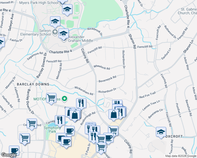 map of restaurants, bars, coffee shops, grocery stores, and more near 2739 Beverwyck Road in Charlotte