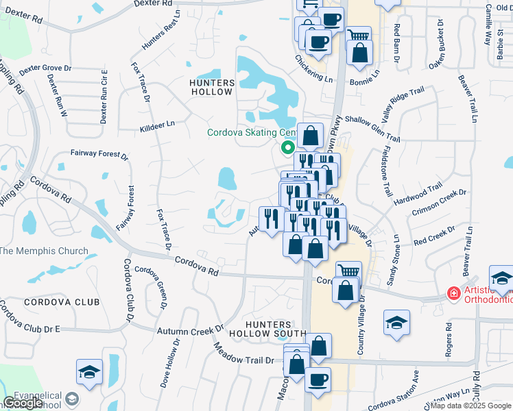 map of restaurants, bars, coffee shops, grocery stores, and more near 7924 Tennis Court Drive in Memphis