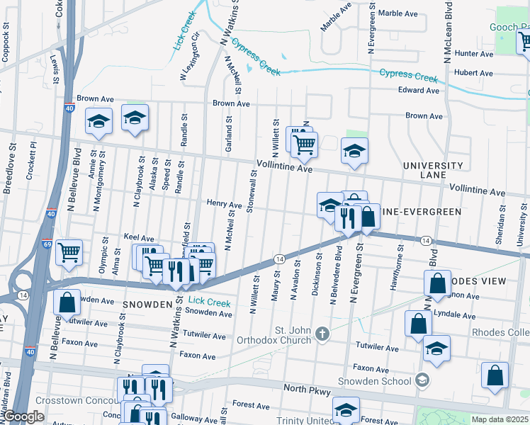 map of restaurants, bars, coffee shops, grocery stores, and more near 839 Maury Street in Memphis