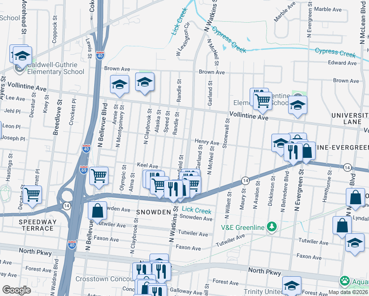 map of restaurants, bars, coffee shops, grocery stores, and more near 826 North Watkins Street in Memphis