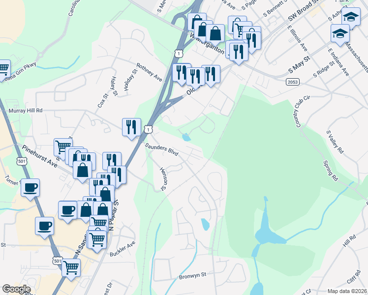 map of restaurants, bars, coffee shops, grocery stores, and more near Guilford Rd in Southern Pines