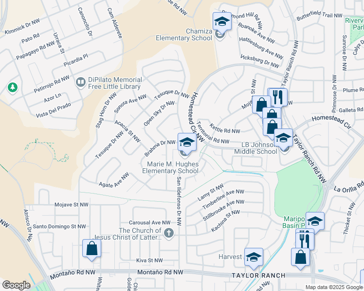 map of restaurants, bars, coffee shops, grocery stores, and more near 5808 Brahma Drive Northwest in Albuquerque