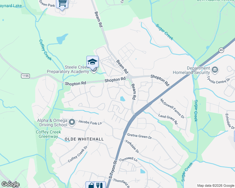 map of restaurants, bars, coffee shops, grocery stores, and more near Lawry Run Drive in Charlotte