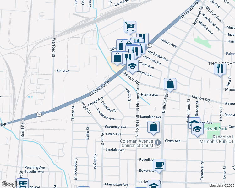 map of restaurants, bars, coffee shops, grocery stores, and more near 3208 Hardin Avenue in Memphis