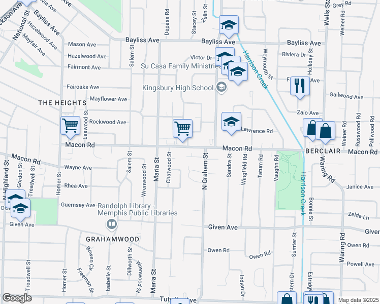 map of restaurants, bars, coffee shops, grocery stores, and more near 3957 Macon Road in Memphis