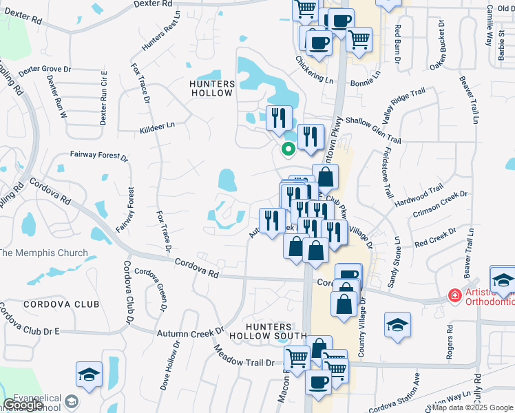 map of restaurants, bars, coffee shops, grocery stores, and more near 7924 Tennis Court Drive in Memphis