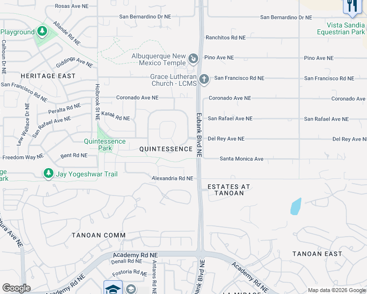 map of restaurants, bars, coffee shops, grocery stores, and more near 11220 Jordan Avenue Northeast in Albuquerque