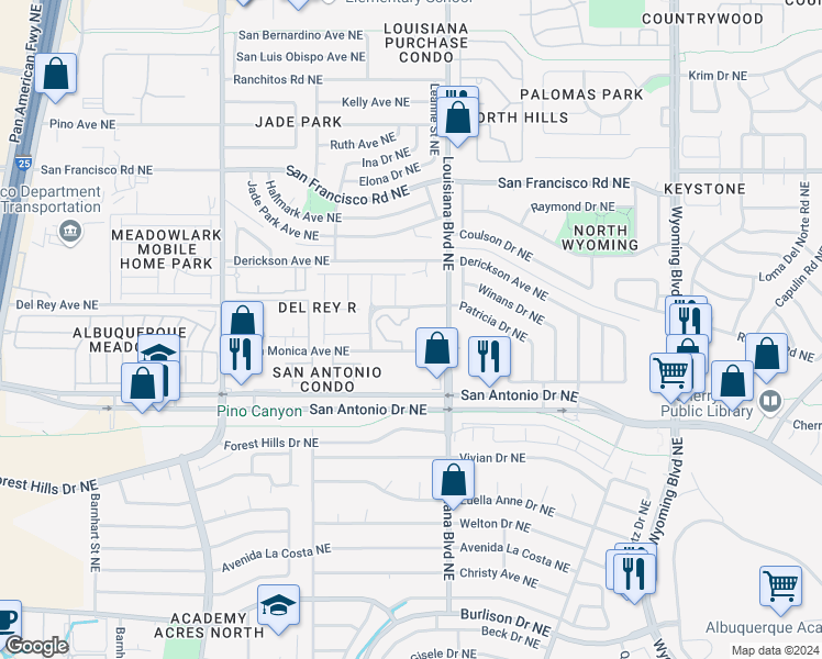 map of restaurants, bars, coffee shops, grocery stores, and more near 6900 San Vicente Avenue Northeast in Albuquerque