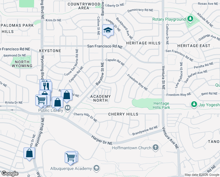 map of restaurants, bars, coffee shops, grocery stores, and more near 7216 Leslynne Drive Northeast in Albuquerque