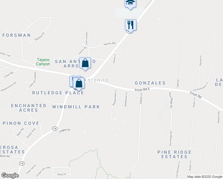map of restaurants, bars, coffee shops, grocery stores, and more near 20 Frost Road in Sandia Park