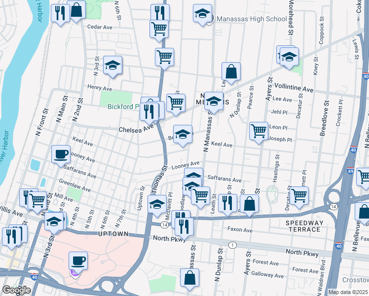 map of restaurants, bars, coffee shops, grocery stores, and more near 714 Keel Avenue in Memphis