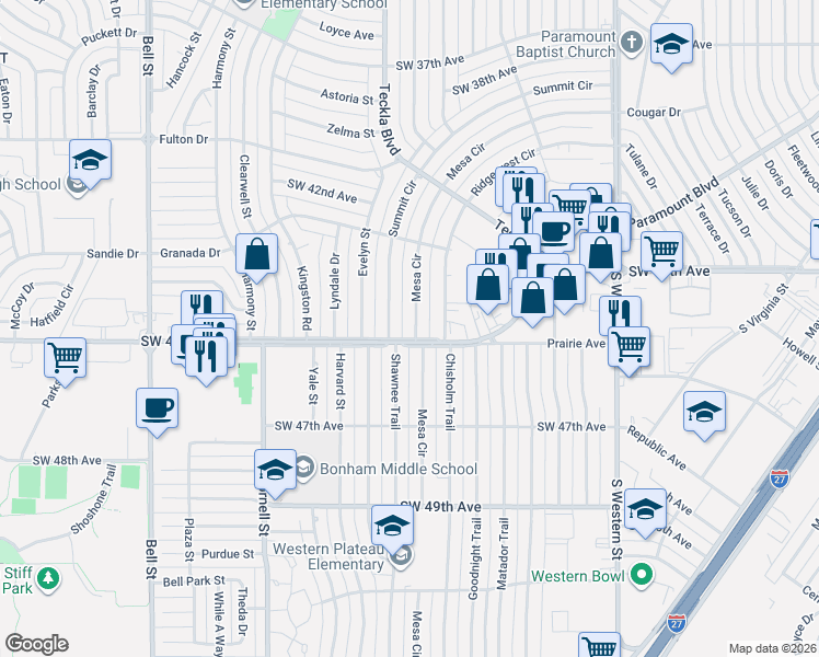 map of restaurants, bars, coffee shops, grocery stores, and more near 4905-4971 Southwest 45th Avenue in Amarillo