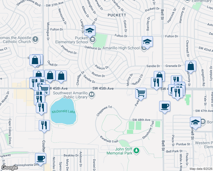 map of restaurants, bars, coffee shops, grocery stores, and more near SW 45th Ave in Amarillo