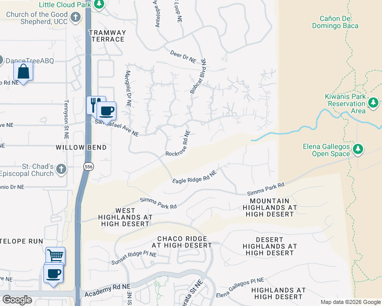 map of restaurants, bars, coffee shops, grocery stores, and more near 1237 Rockrose Road Northeast in Albuquerque