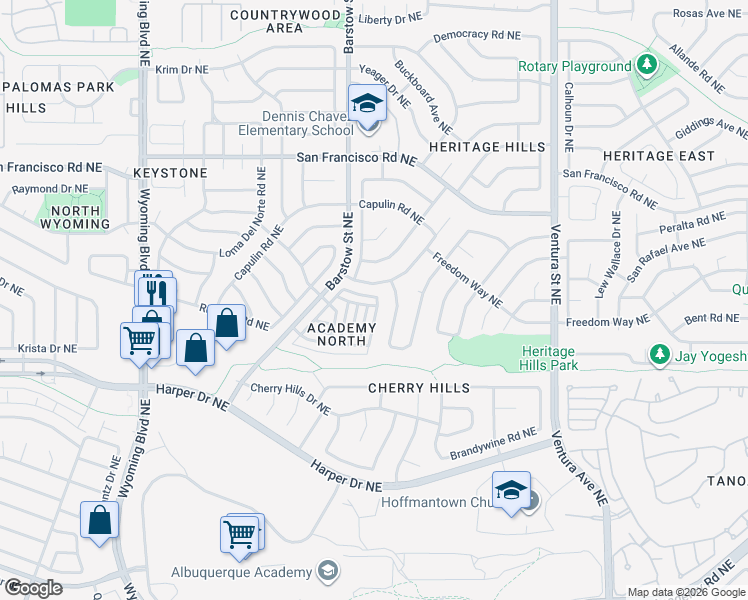map of restaurants, bars, coffee shops, grocery stores, and more near 7216 Leslynne Drive Northeast in Albuquerque