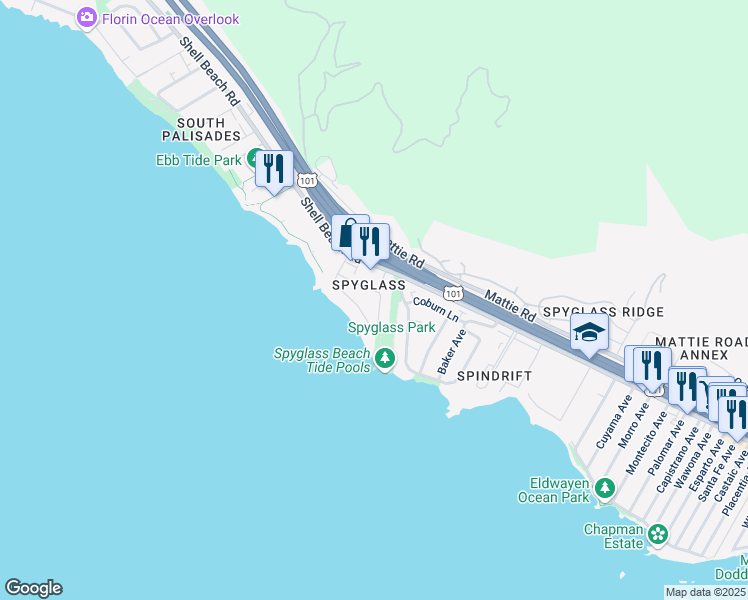map of restaurants, bars, coffee shops, grocery stores, and more near 2596 Solano Road in Pismo Beach