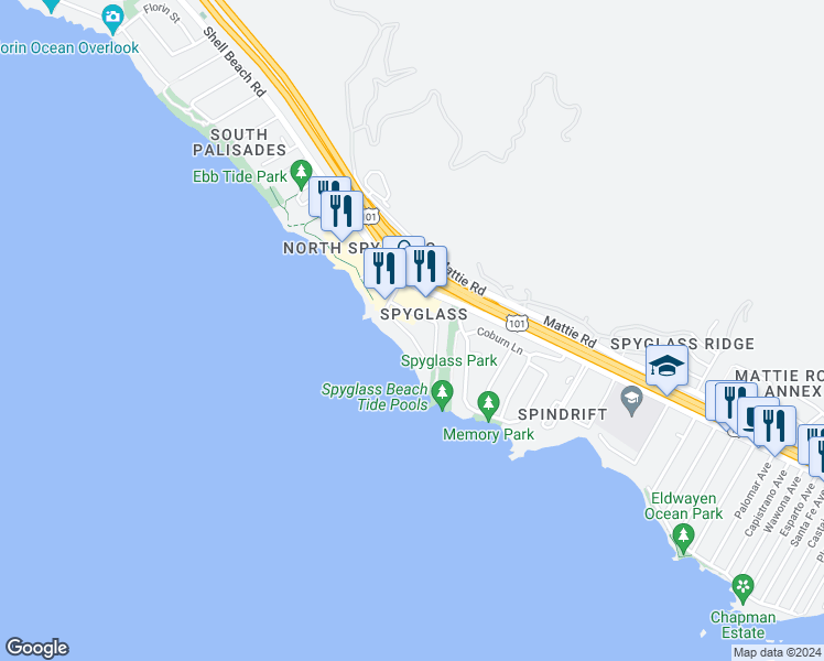 map of restaurants, bars, coffee shops, grocery stores, and more near 2596 Solano Road in Pismo Beach