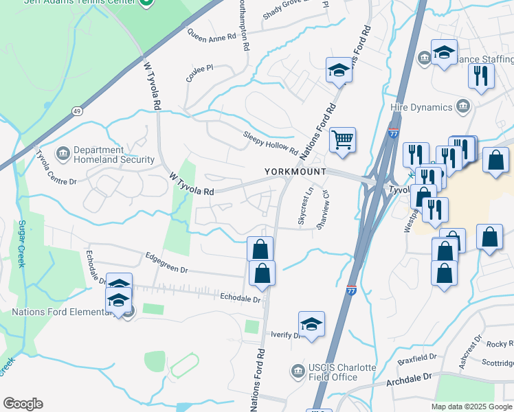 map of restaurants, bars, coffee shops, grocery stores, and more near 6416 Ansley Falls Drive in Charlotte