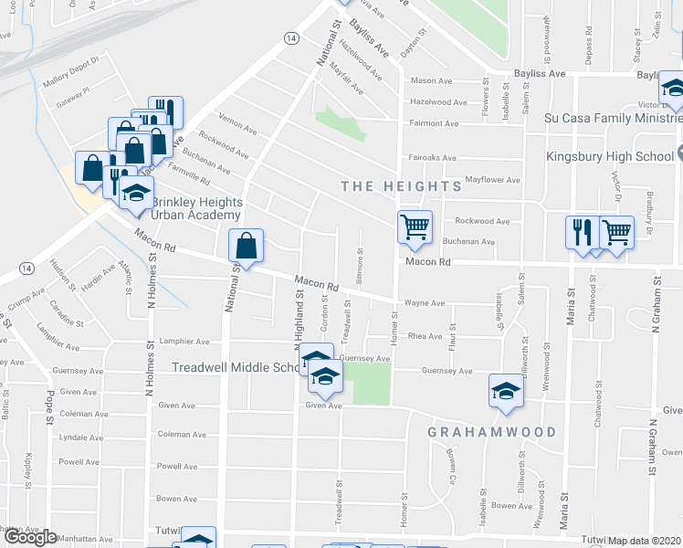 map of restaurants, bars, coffee shops, grocery stores, and more near 3574 Macon Road in Memphis