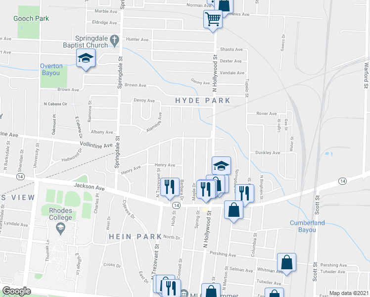 map of restaurants, bars, coffee shops, grocery stores, and more near 941 Maple Drive in Memphis