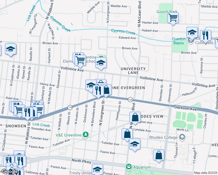 map of restaurants, bars, coffee shops, grocery stores, and more near 861 North Auburndale Street in Memphis